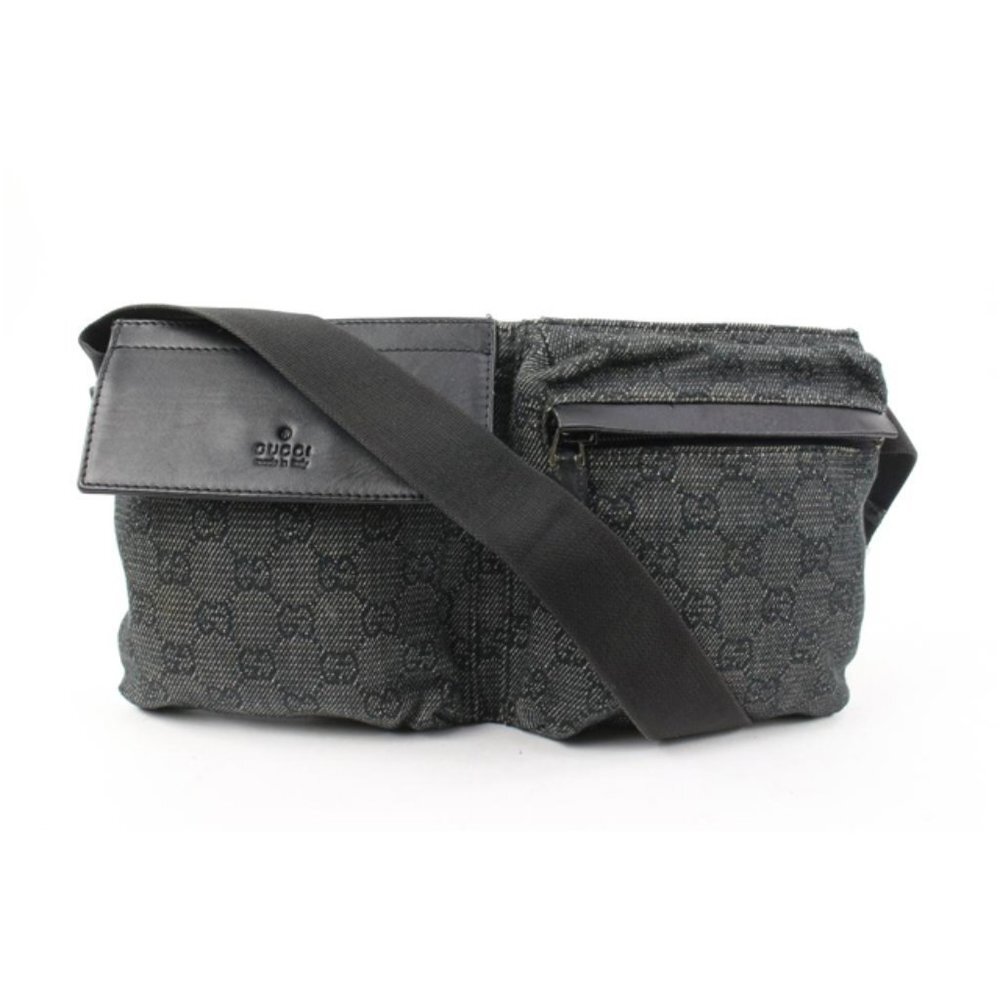 Gucci Black x Grey  Monogram GG Denim Belt Bag Fanny Pack Waist Pouch 2G830a